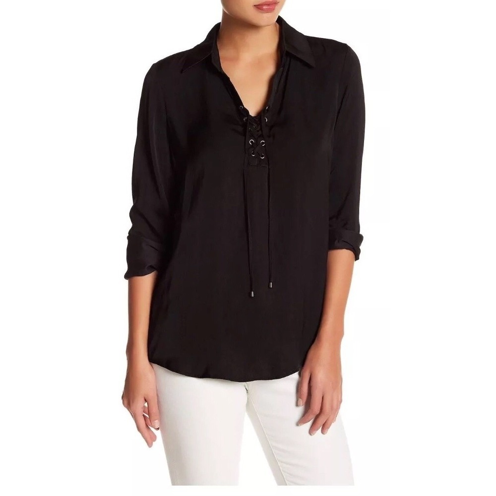Tart Collections Black Long Sleeve Lace Up Blouse Top Womens‎ XS